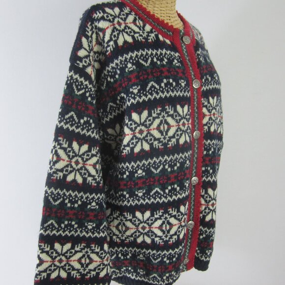 Vtg Alps Womens L Red Green Navy White Wool Nordic Cardigan Sweater Holiday Ski - Picture 14 of 14
